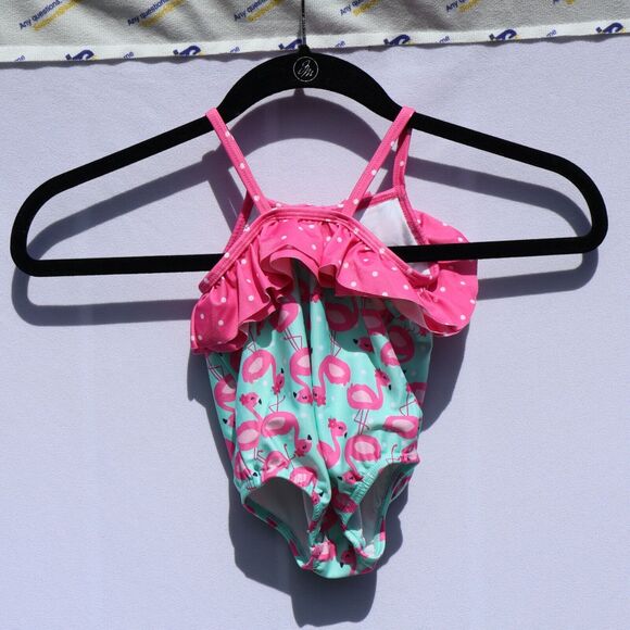 Gymboree One Piece Swimsuit 6 to 12 months Flamingos w/ Pink Bow, Polka Dots - Picture 3 of 5